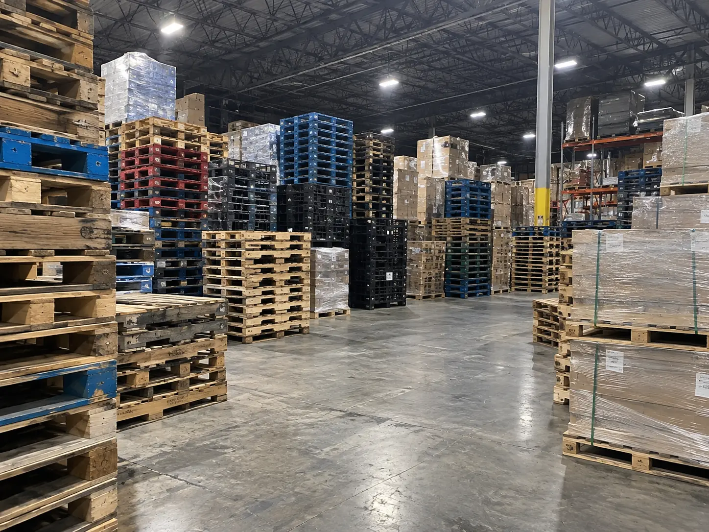 A wide view across the warehouse floor: dozens of stacks of wood and plastic pallets sorted by grade and colour, with wrapped loads and racking behind them.