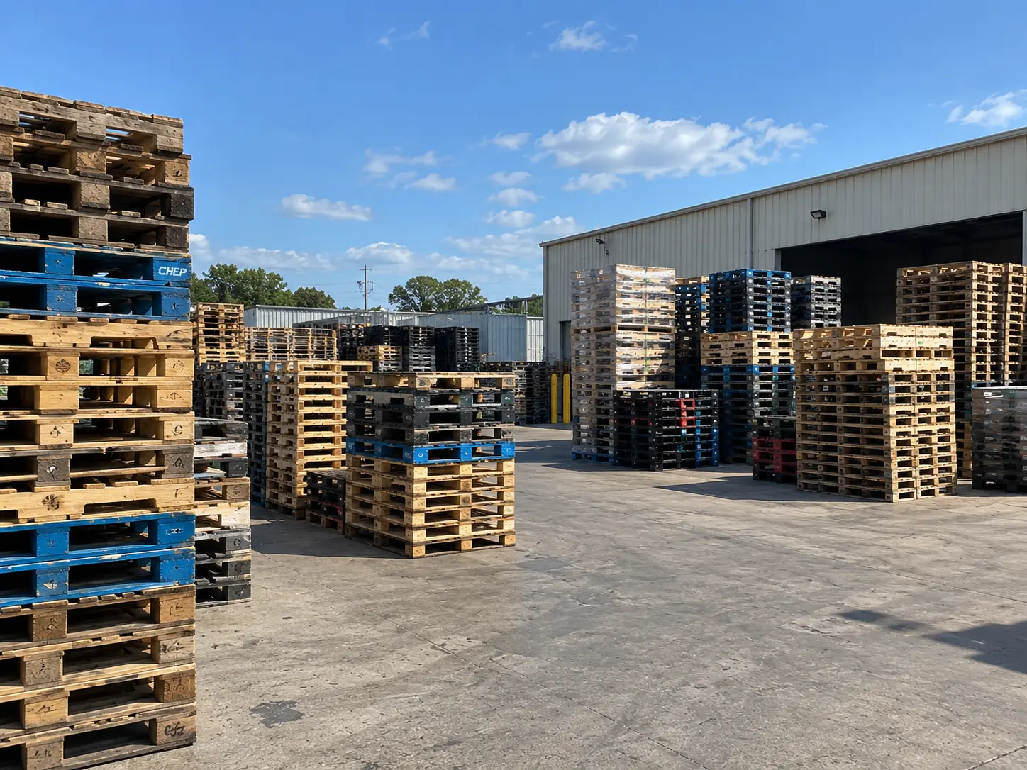 The outdoor yard on a clear day, with stacks of recovered pallets including blue pooled units, beside the open doors of the building.