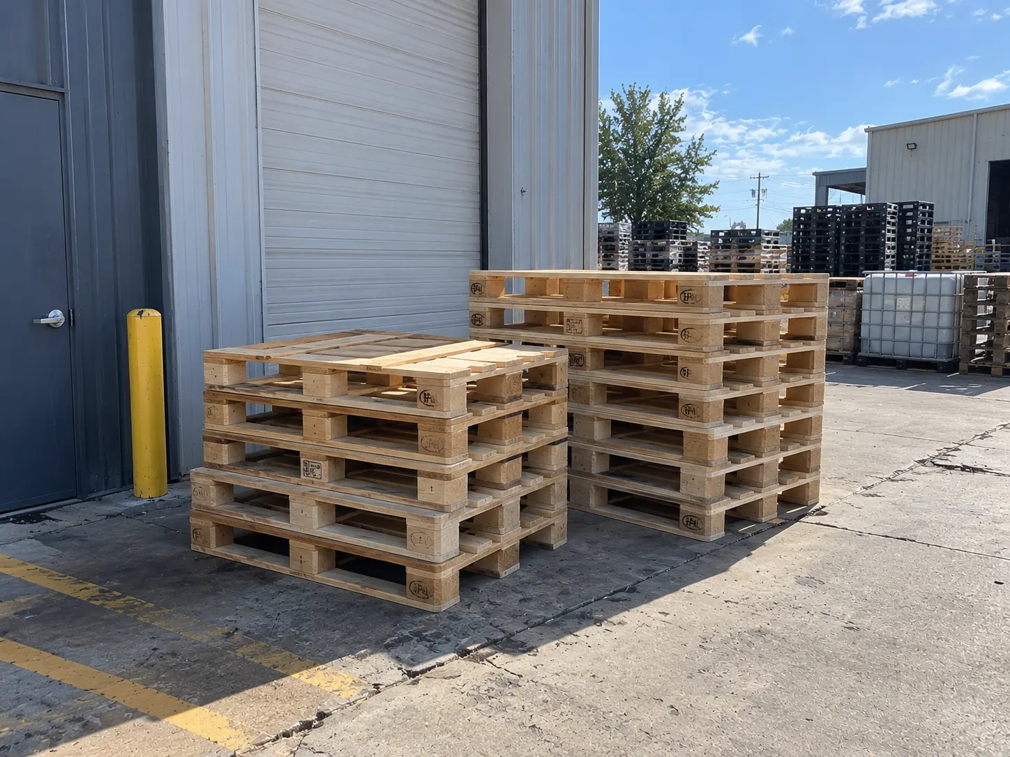 Two short stacks of new heat-treated block pallets standing on the concrete outside a roller door, with the yard behind.