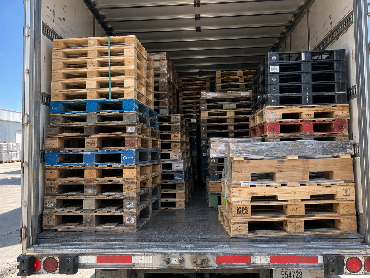 The open rear of a trailer packed with mixed recovered pallets — whitewood, blue CHEP, red and black plastic units — stacked to the roof.
