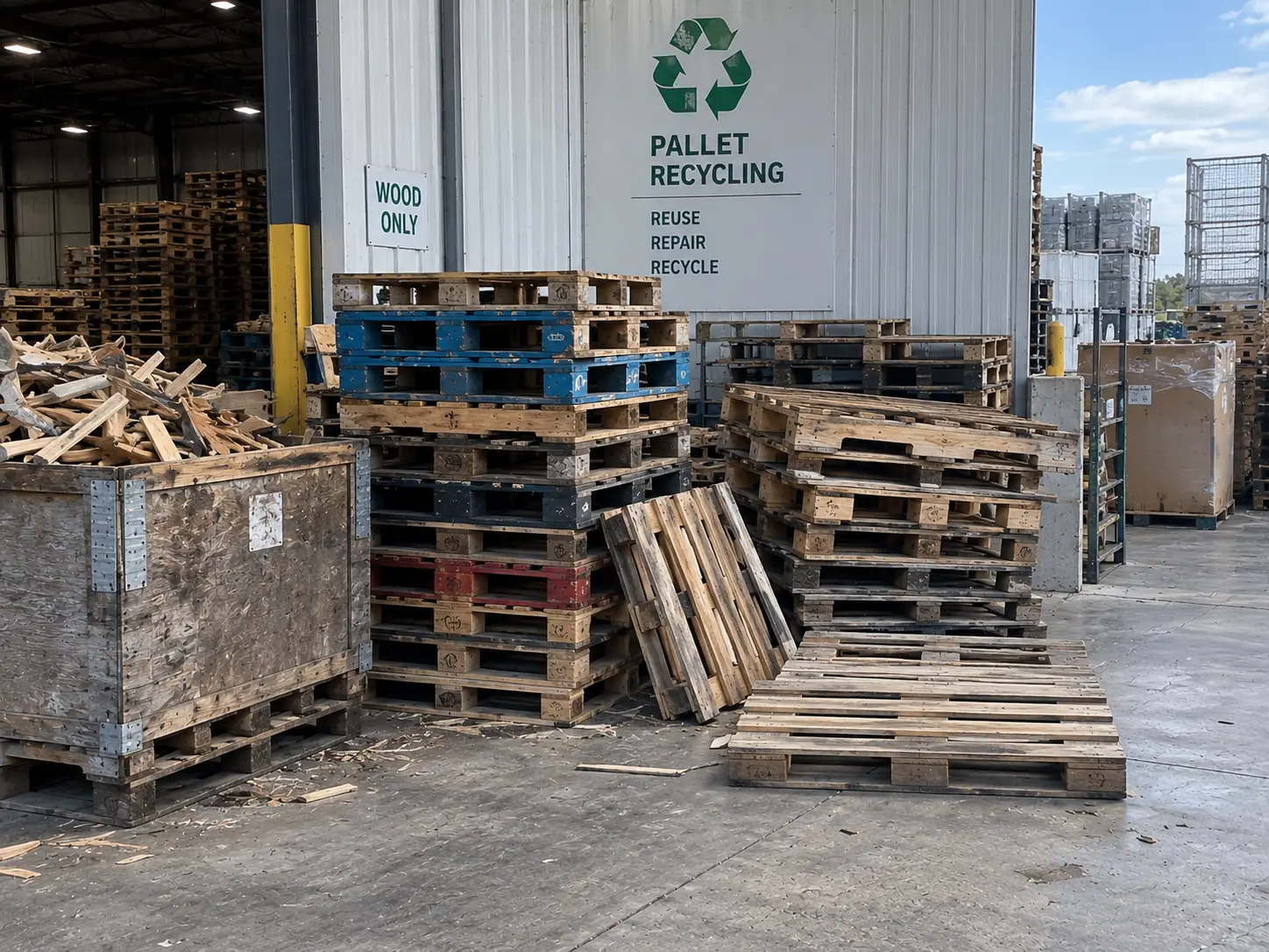 The recycling bay, with "Pallet Recycling — Reuse, Repair, Recycle" and "Wood Only" signage, a bin of offcuts and damaged pallets waiting to be dismantled.